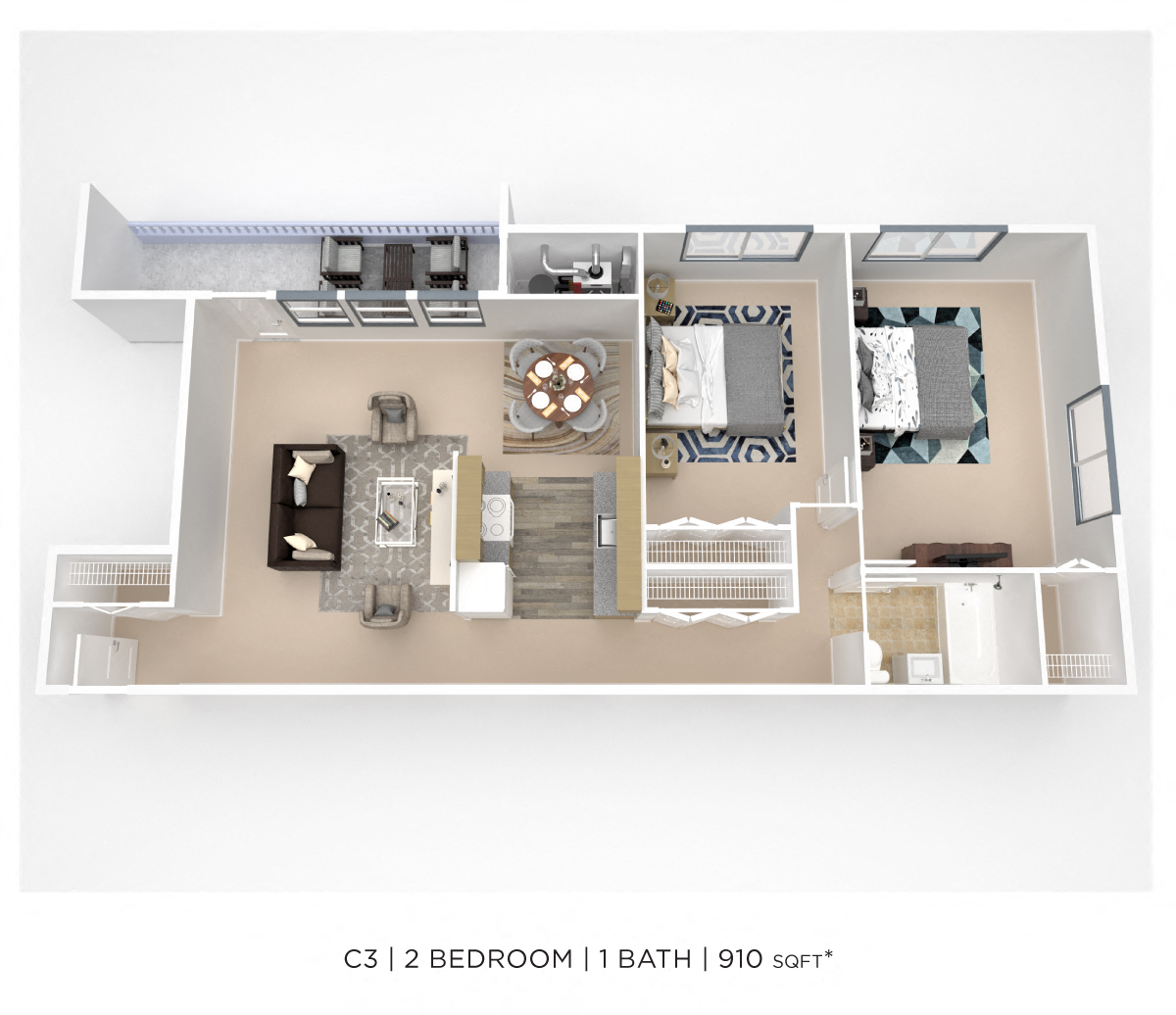 Floor plan for 2 beds, 1 bath, 910 sqft