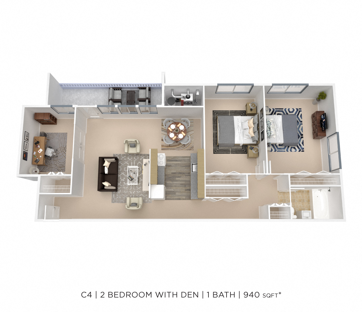 Floor plan for 2 beds, 1 bath, 940 sqft