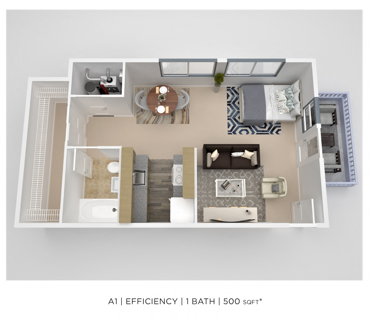 Floor plan for studio, 1 bath, 500 sqft