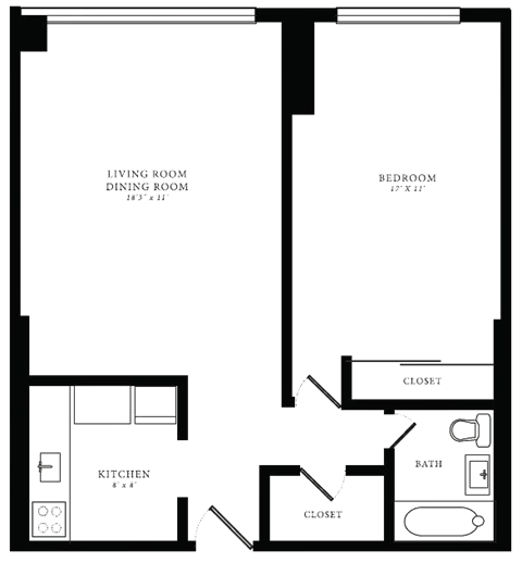Floor plan for 1 bed, 1 bath, 750 sqft