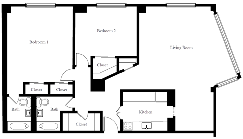 Floor plan for 2 beds, 2 baths, 1164 sqft