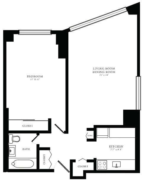 Floor plan for 1 bed, 1 bath, 715 sqft