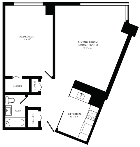 Floor plan for 1 bed, 1 bath, 672 sqft