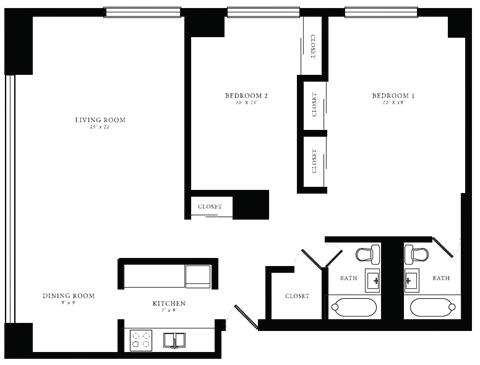 Floor plan for 2 beds, 2 baths, 1195 sqft