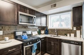 Alexandria apartment for rent - a kitchen with a stove and a sink and a microwave