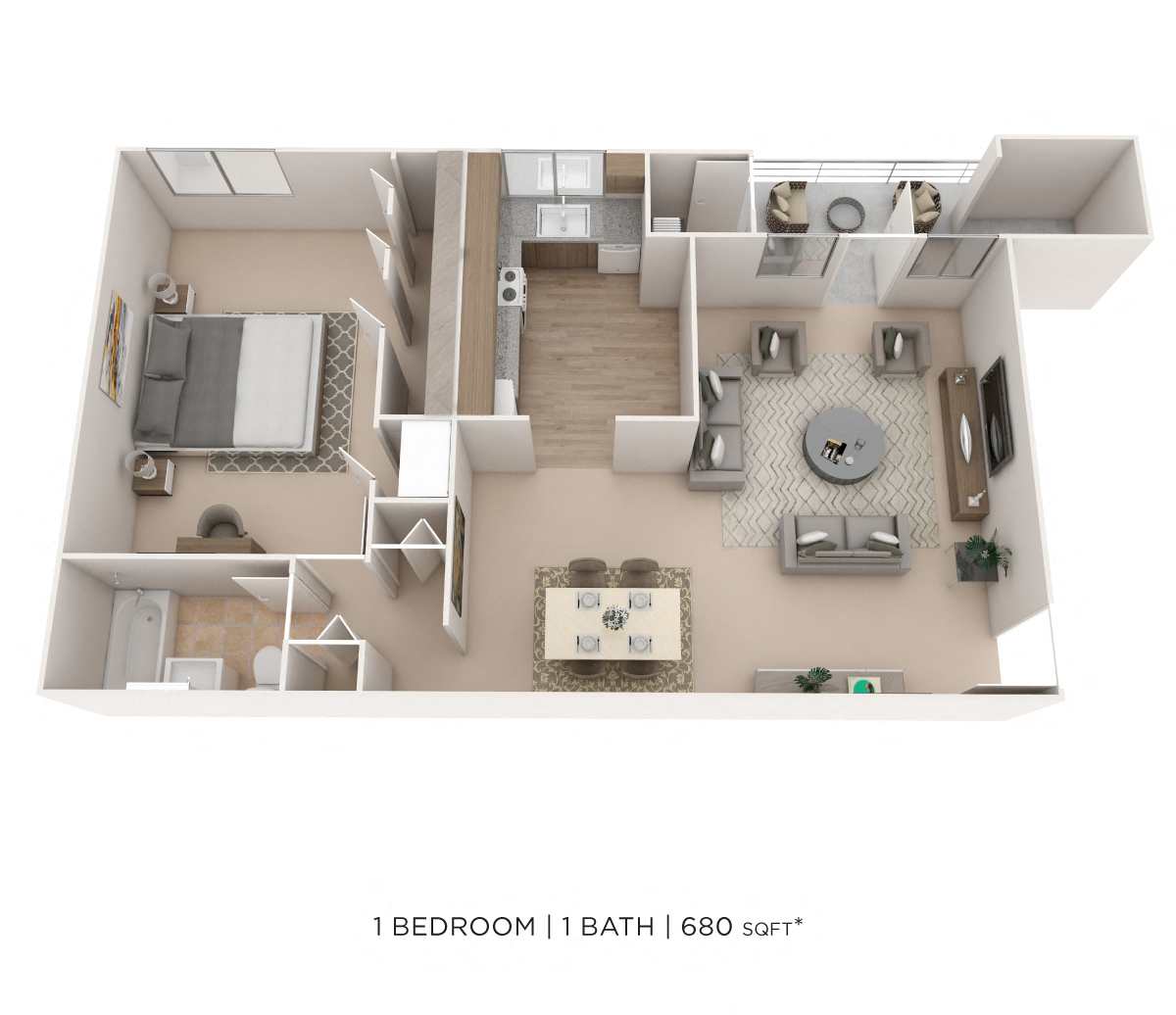 Floor plan for 1 bed, 1 bath, 680 sqft