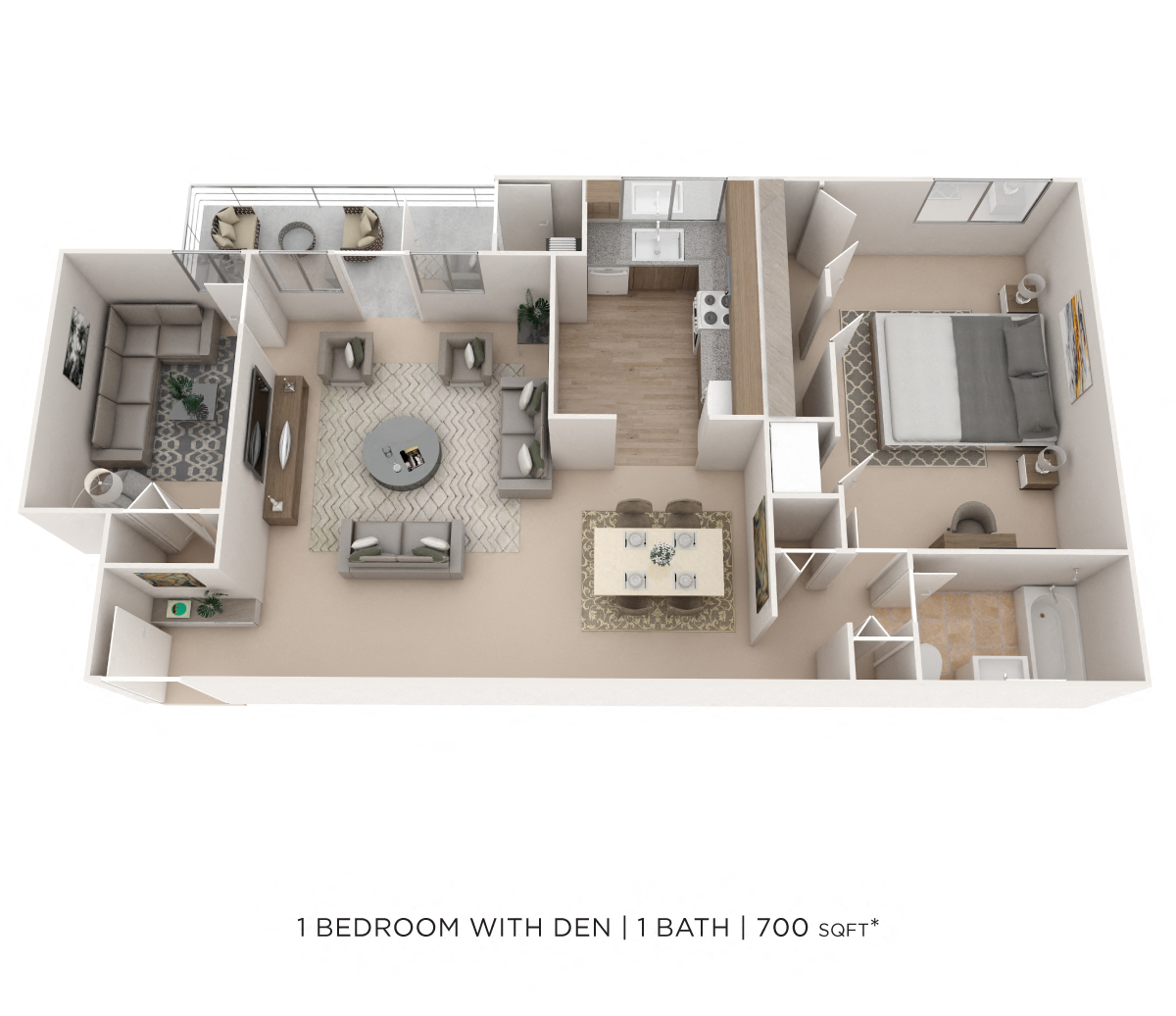 Floor plan for 1 bed, 1 bath, 700 sqft