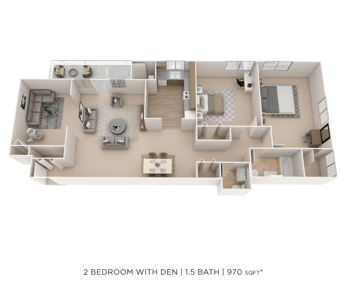 Floor plan for 2 beds, 1.5 baths, 970 sqft