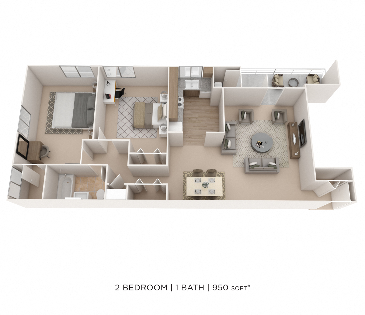 Floor plan for 2 beds, 1 bath, 950 sqft