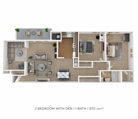 Floor plan for 2 beds, 1 bath, 970 sqft