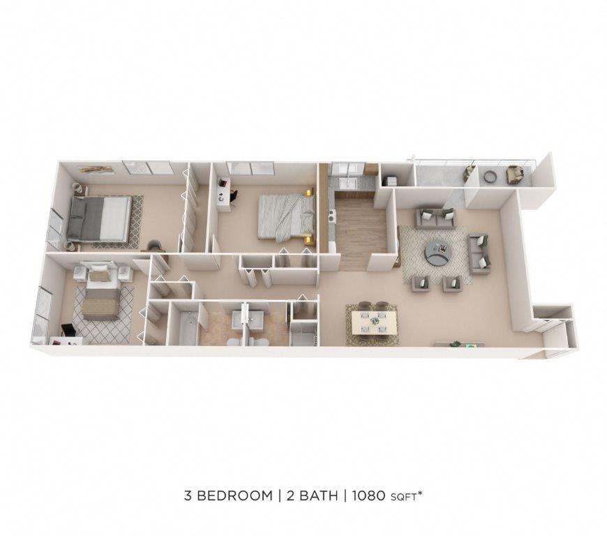 Floor plan for 3 beds, 2 baths, 1080 sqft