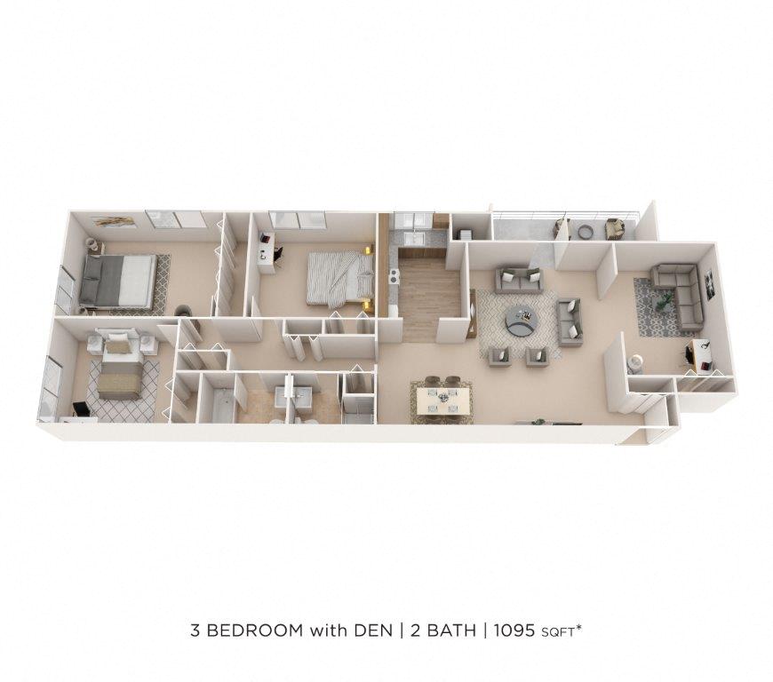 Floor plan for 3 beds, 2 baths, 1095 sqft