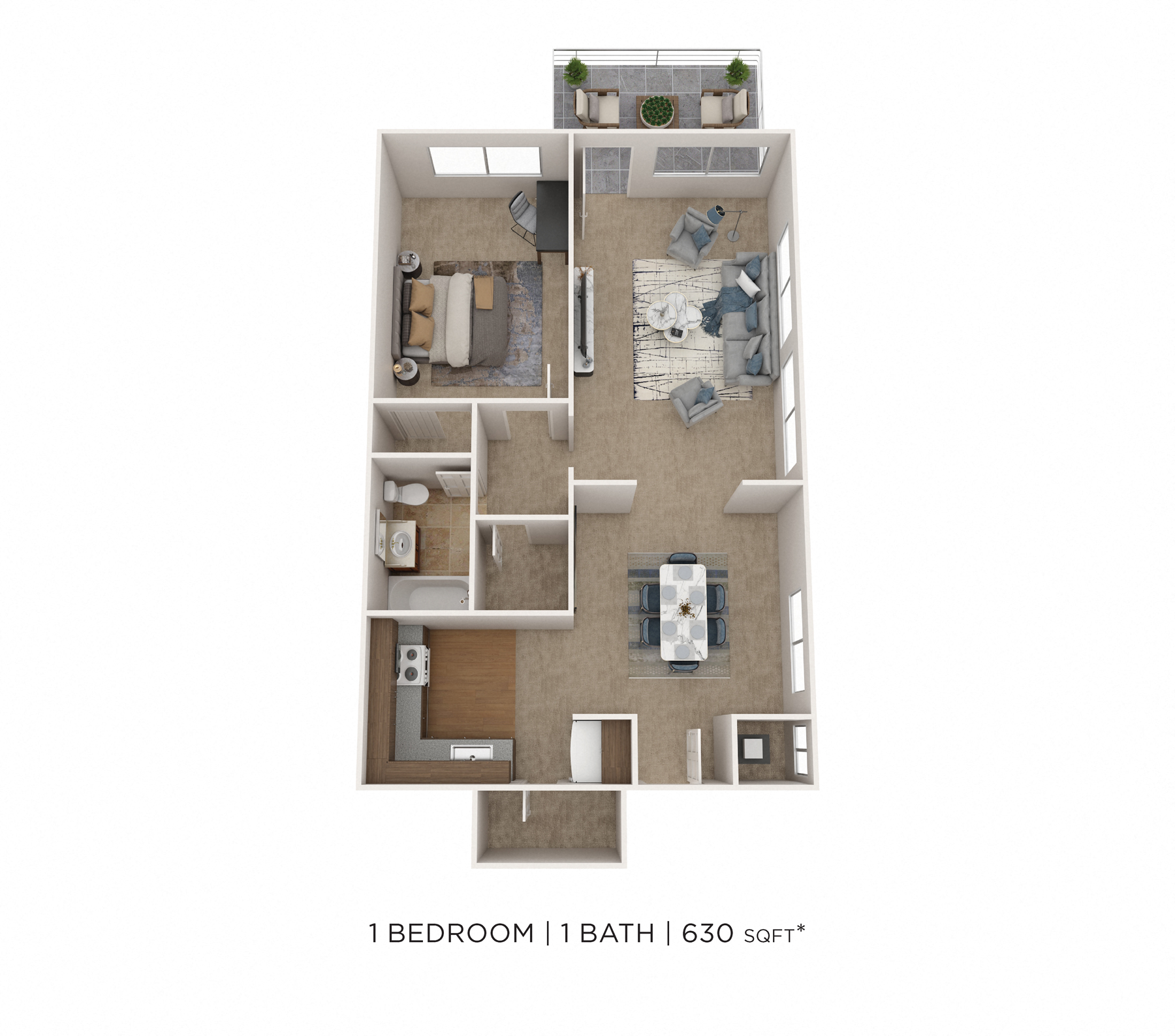 Floor plan for 1 bed, 1 bath, 630 sqft