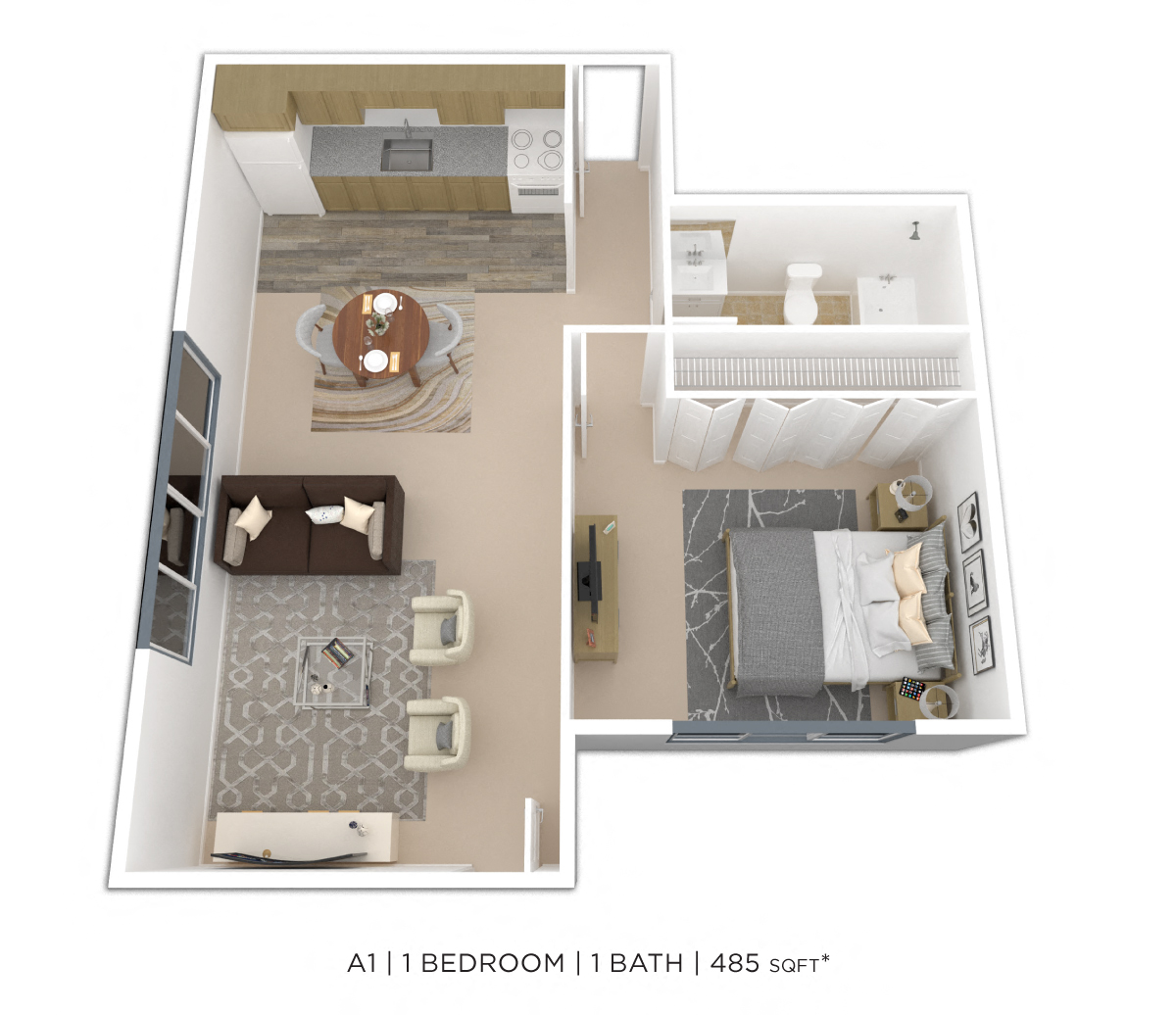 Floor plan for 1 bed, 1 bath, 795 sqft