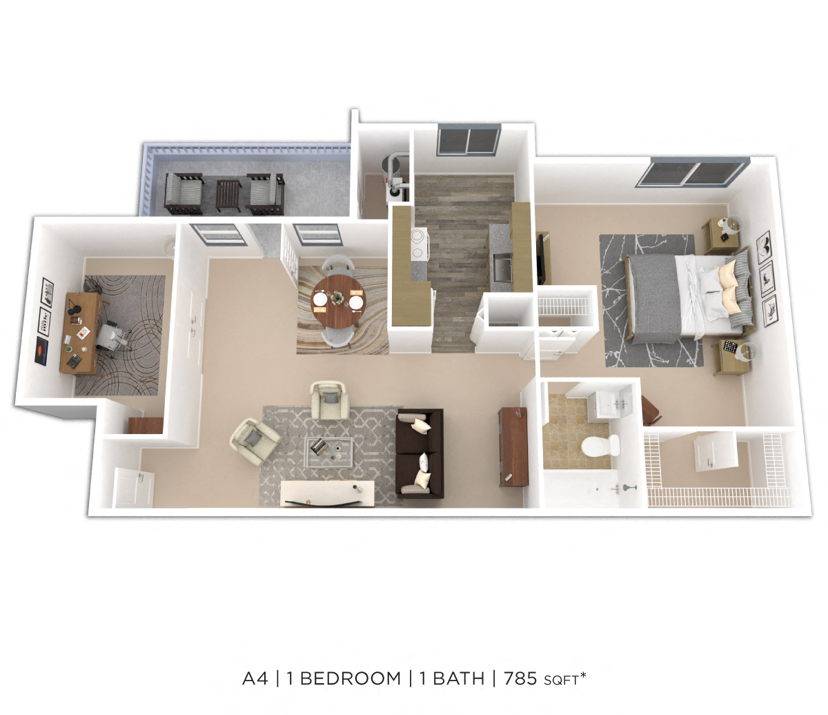 Floor plan for 1 bed, 1 bath, 785 sqft