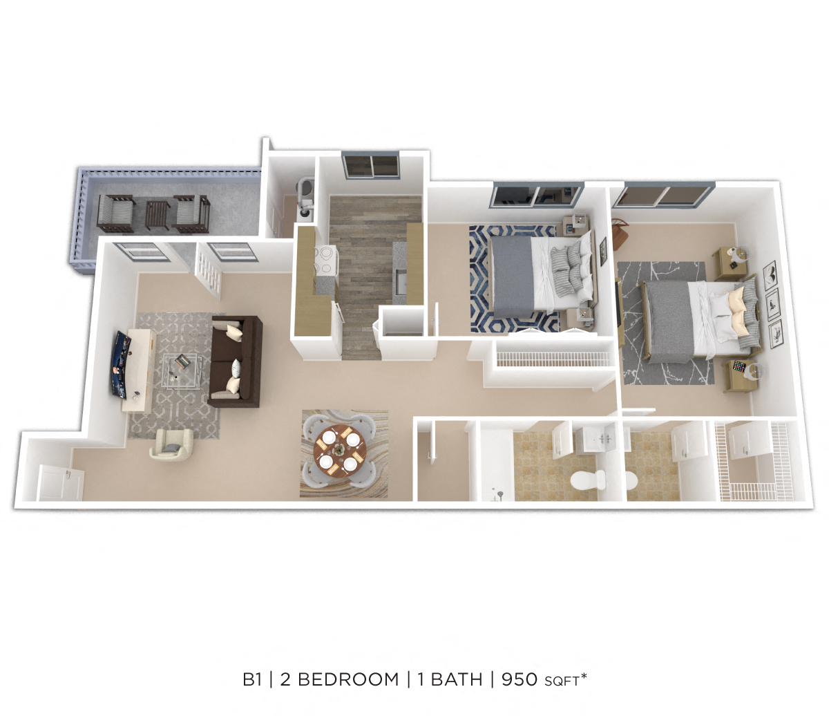 Floor plan for 2 beds, 1.5 baths, 950 sqft