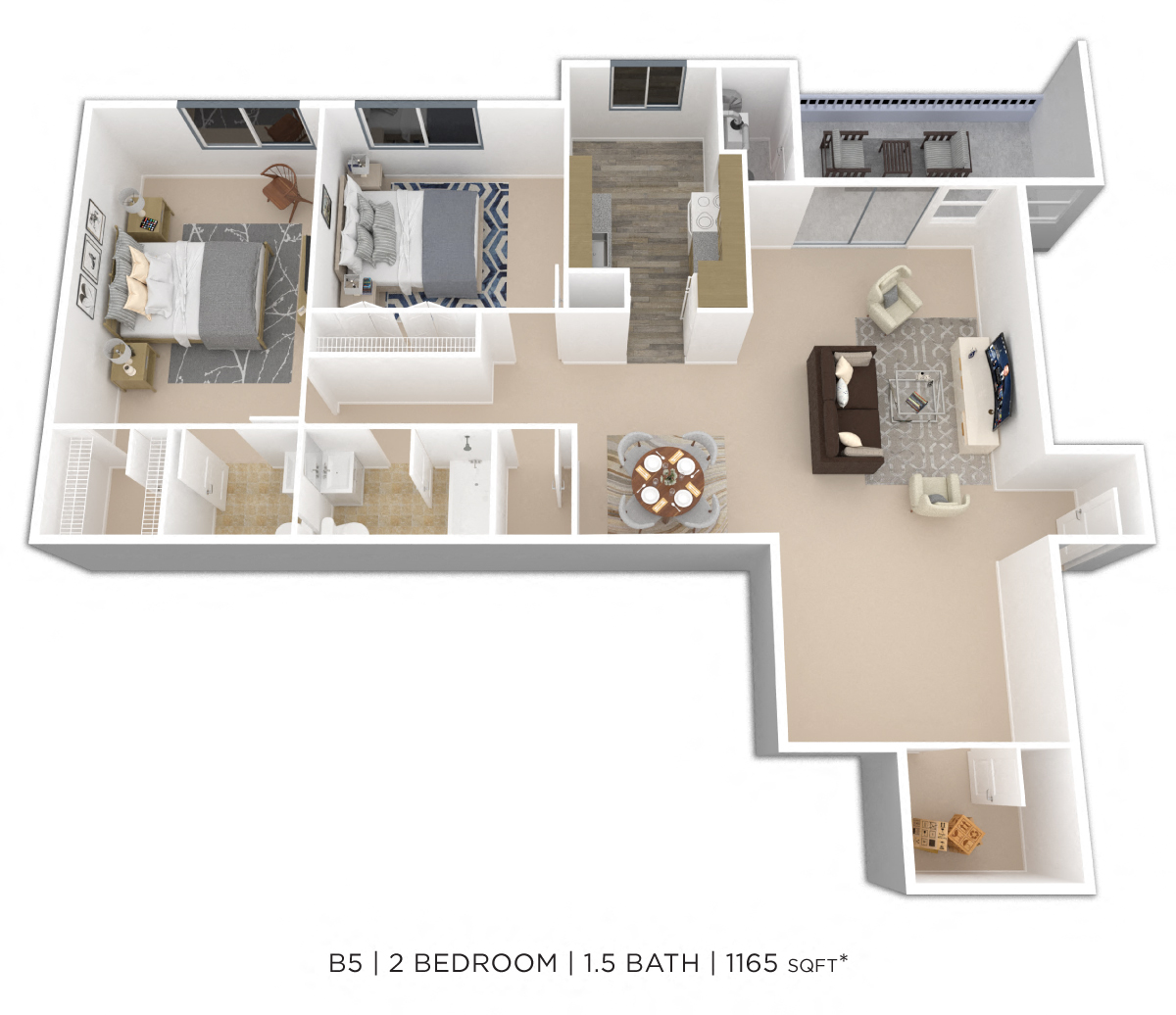 Floor plan for 2 beds, 1.5 baths, 1165 sqft