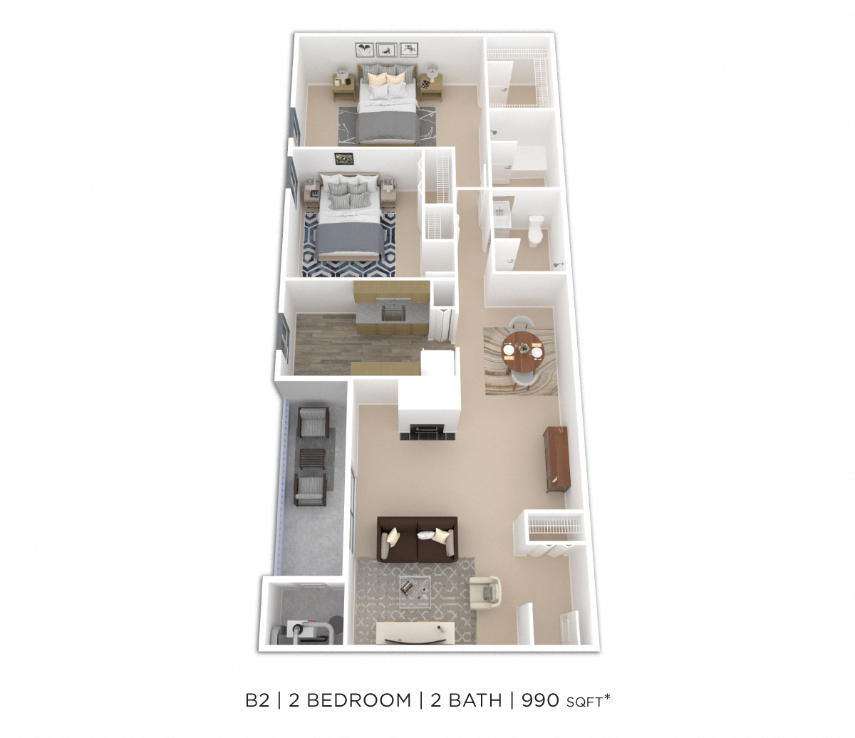 Floor plan for 2 beds, 2 baths, 1046 sqft