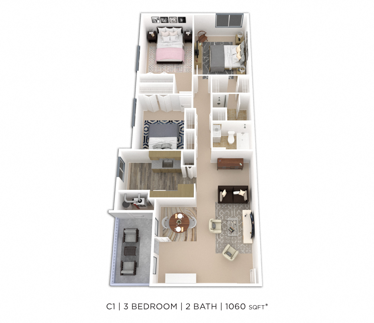 Floor plan for 3 beds, 2 baths, 1215 sqft