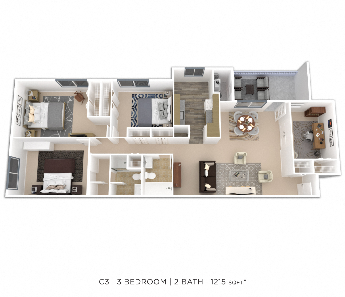Floor plan for 3 beds, 2 baths, 1060 sqft