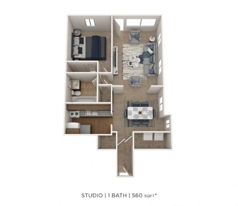 Floor plan for studio, 1 bath, 600 sqft