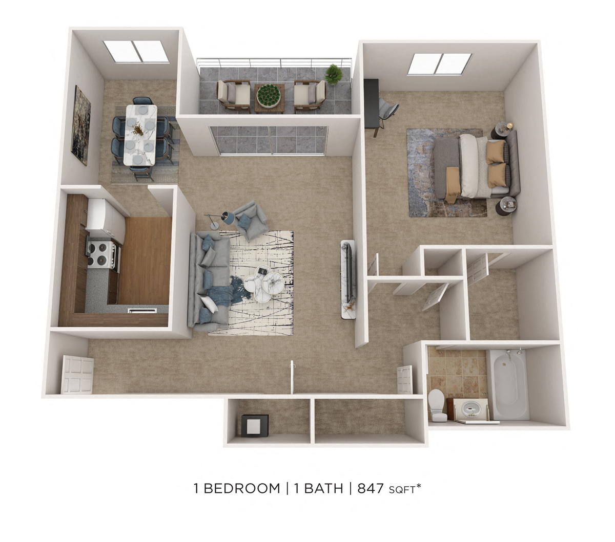 Floor plan for 1 bed, 1 bath, 847 sqft