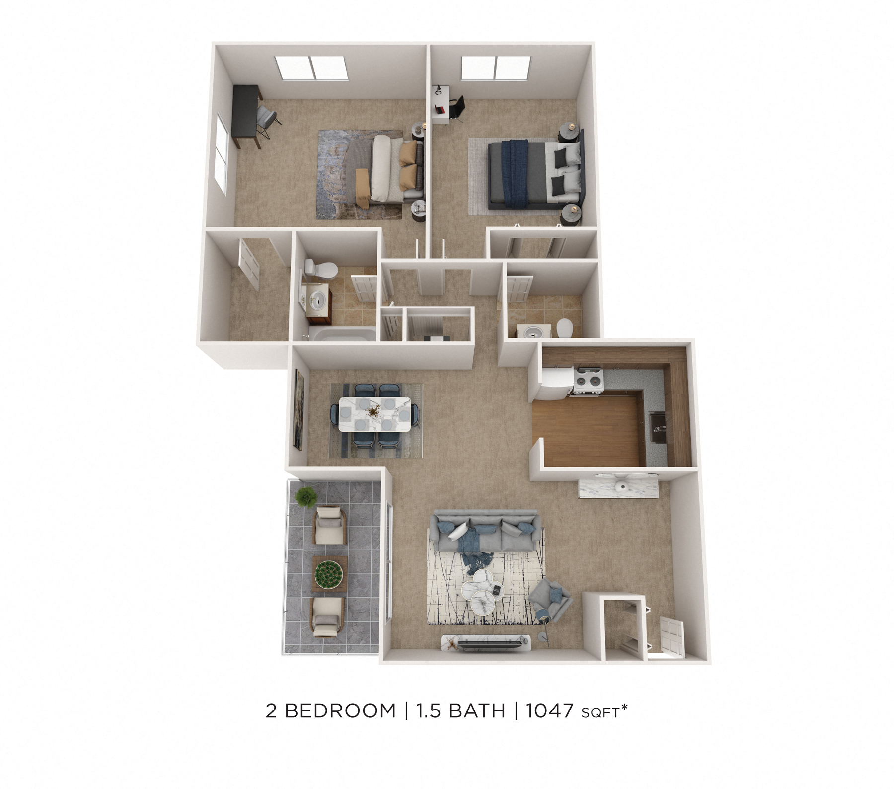 Floor plan for 2 beds, 1.5 baths, 1047 sqft