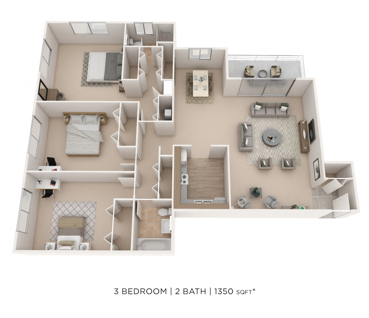Floor plan for 3 beds, 2 baths, 1350 sqft