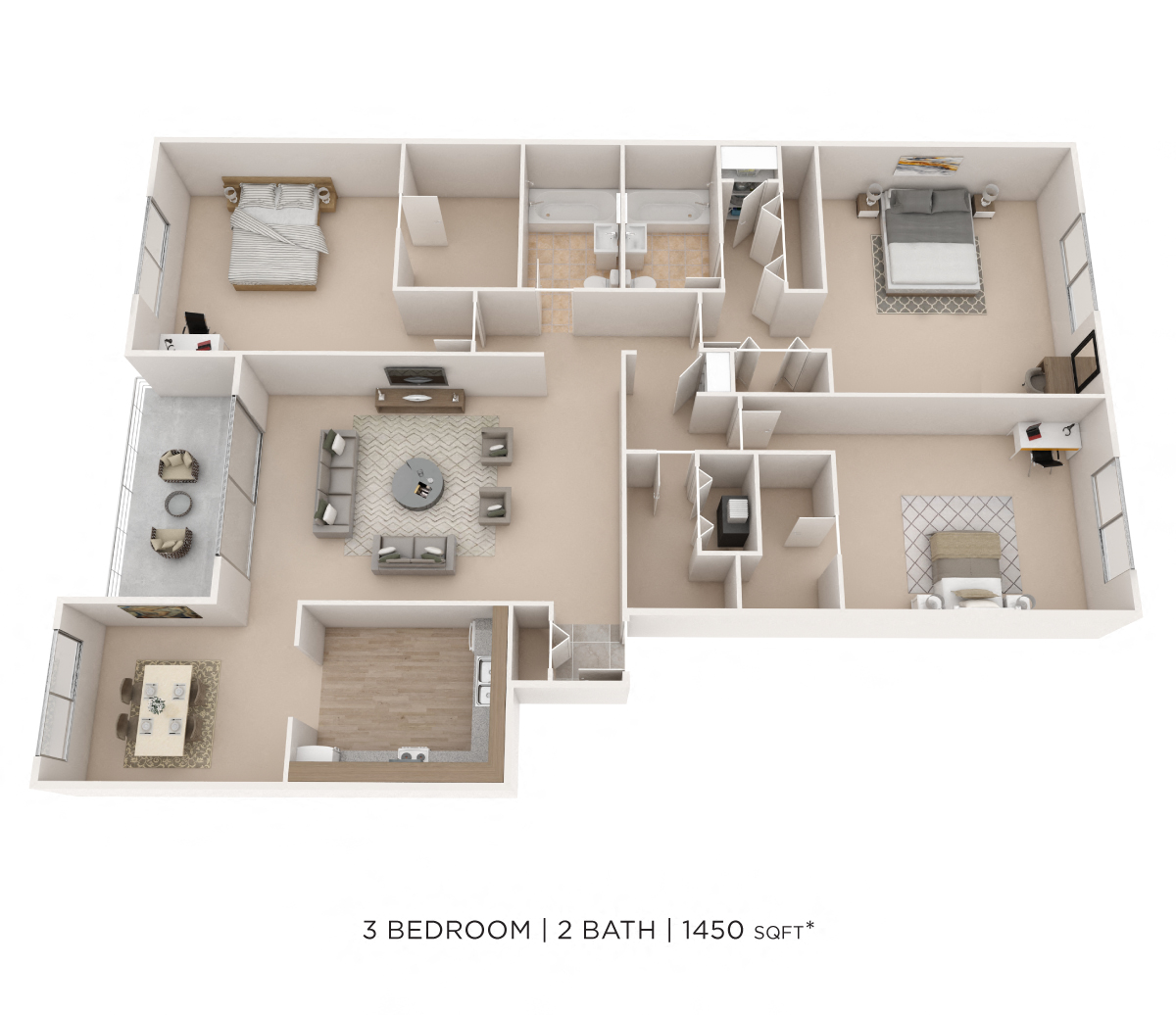 Floor plan for 3 beds, 2 baths, 1450 sqft