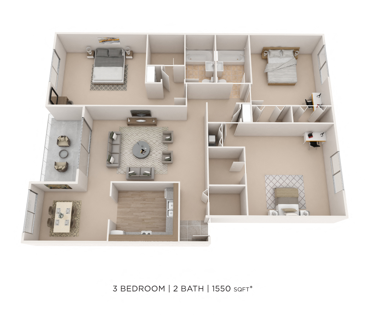 Floor plan for 3 beds, 2 baths, 1550 sqft