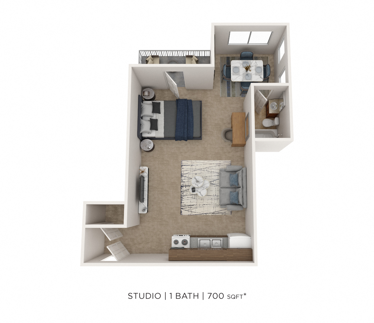 Floor plan for studio, 1 bath, 700 sqft