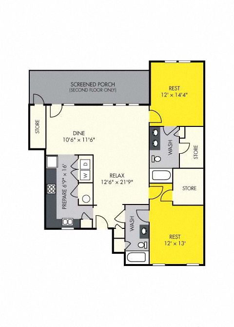 Floor plan for 2 beds, 2 baths, 1294 sqft