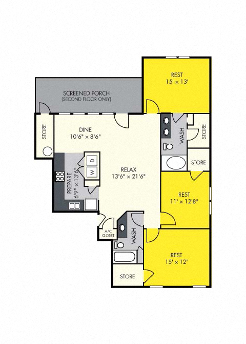 Floor plan for 3 beds, 2 baths, 1417 sqft