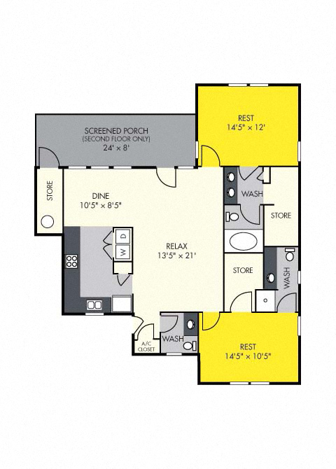Floor plan for 2 beds, 2.5 baths, 1239 sqft