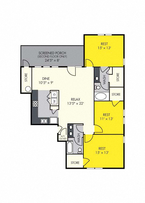 Floor plan for 3 beds, 2 baths, 1417 sqft