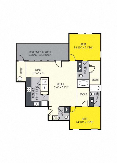 Floor plan for 2 beds, 2.5 baths, 1239 sqft