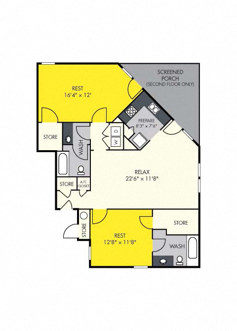 Floor plan for 2 beds, 2 baths, 1115 sqft