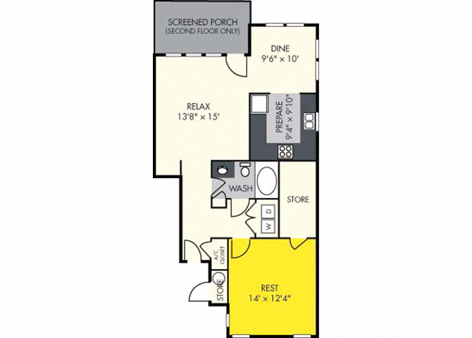 Floor plan for 1 bed, 1 bath, 875 sqft