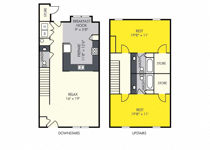 Floor plan for 2 beds, 2.5 baths, 1525 sqft
