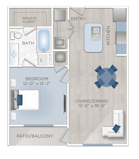 Floor plan for 1 bed, 1 bath, 676 sqft