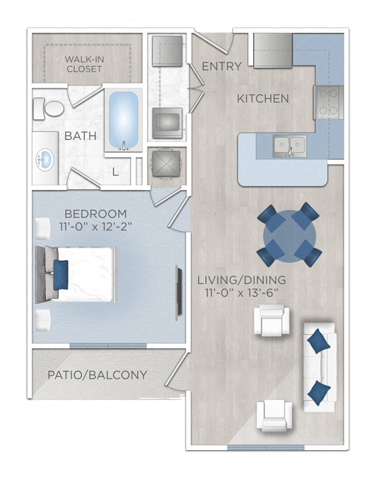 Floor plan for 1 bed, 1 bath, 726 sqft