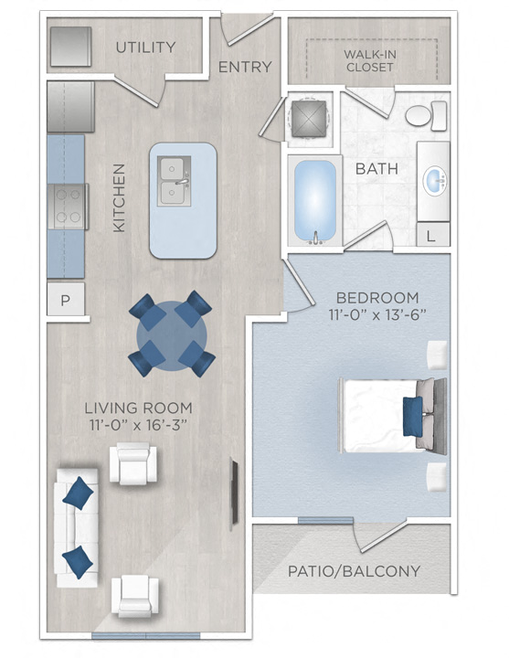 Floor plan for 1 bed, 1 bath, 720 sqft