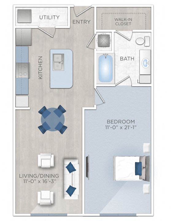 Floor plan for 1 bed, 1 bath, 794 sqft