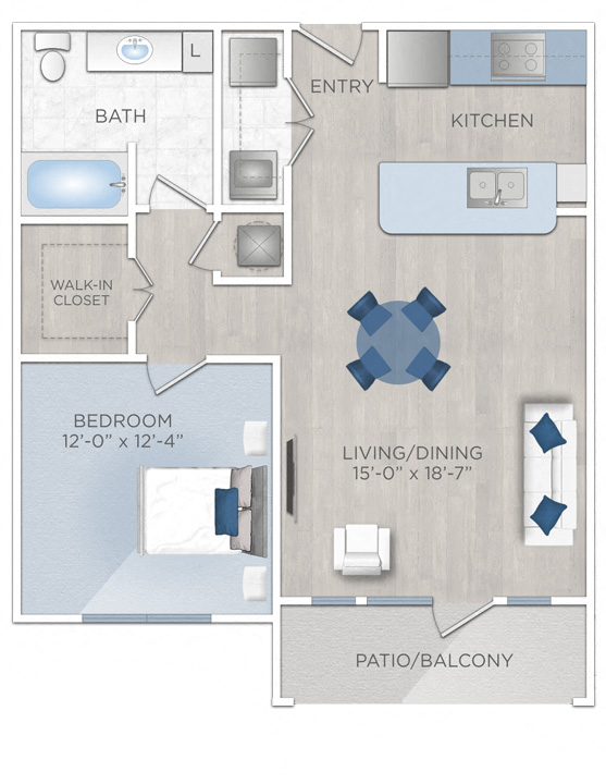 Floor plan for 1 bed, 1 bath, 797 sqft