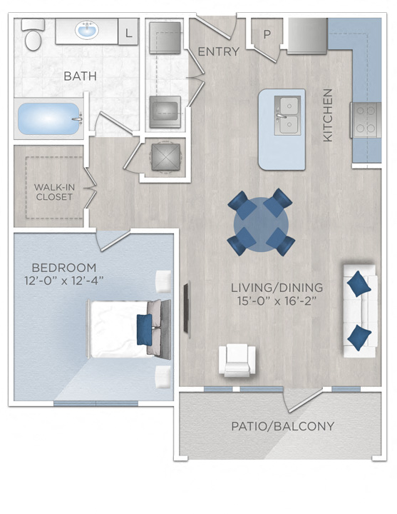 Floor plan for 1 bed, 1 bath, 797 sqft