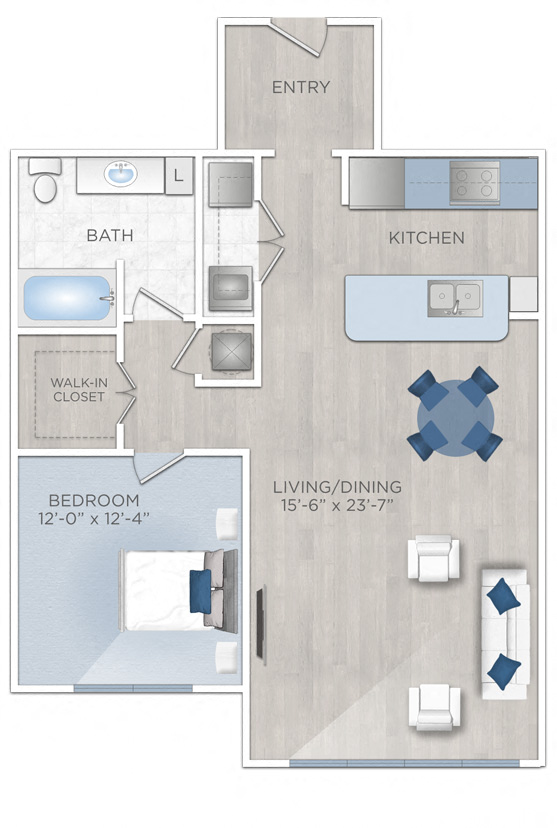 Floor plan for 1 bed, 1 bath, 951 sqft