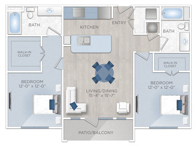 Floor plan for 2 beds, 2 baths, 1064 sqft