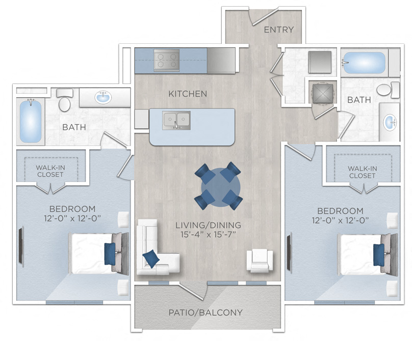 Floor plan for 2 beds, 2 baths, 1021 sqft