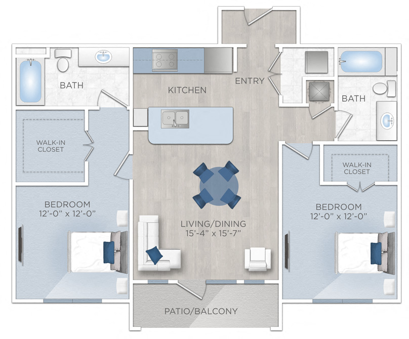 Floor plan for 2 beds, 2 baths, 1102 sqft