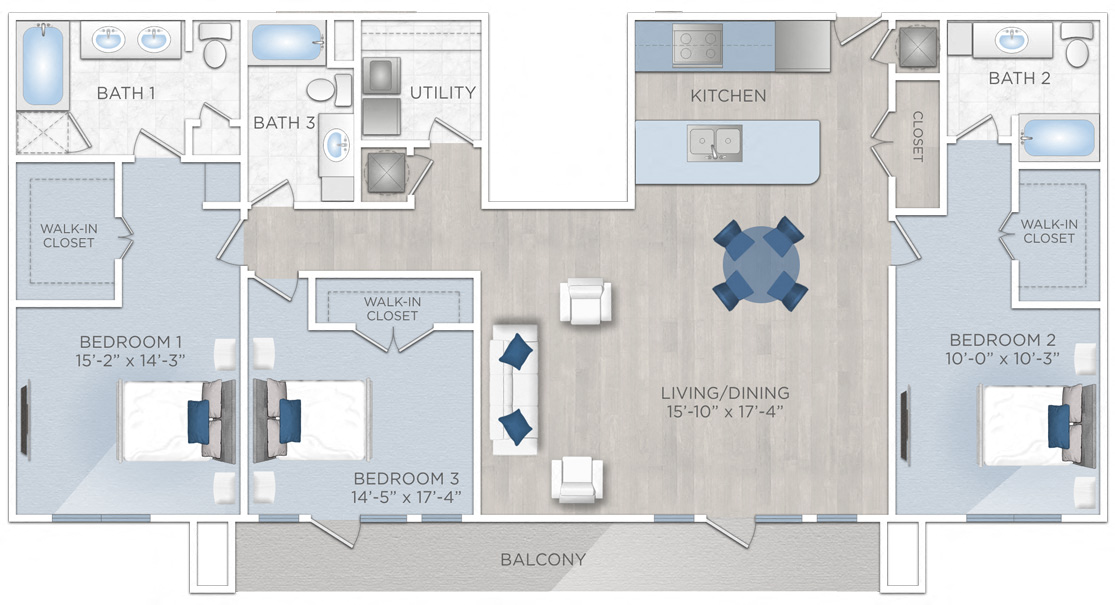 Floor plan for 3 beds, 3 baths, 2069 sqft
